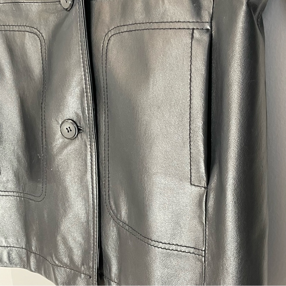Vintage 90s Black Leather Jacket Large Minimalist Grunge Goth Biker Trench Coat - Picture 5 of 15